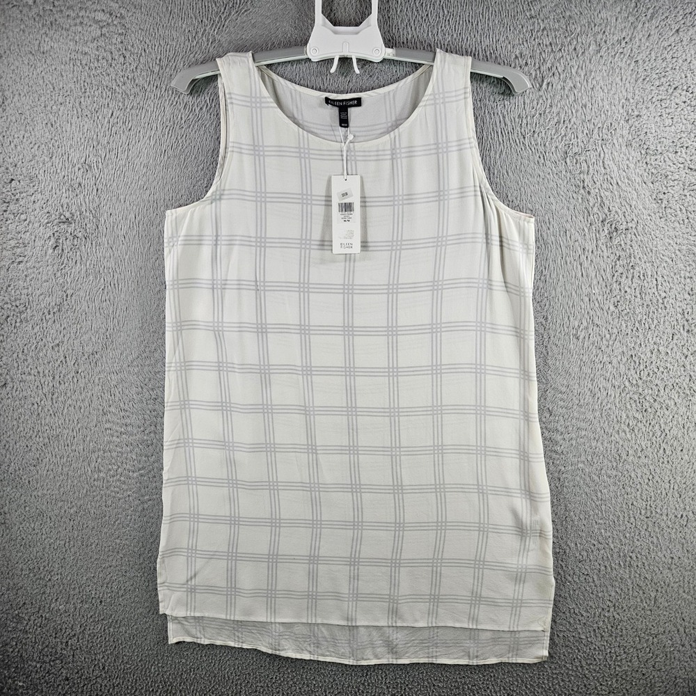 Eileen Fisher Silk Tunic Top‎ Soft White Grey Grid Sleeveless Womens M NEW NWT